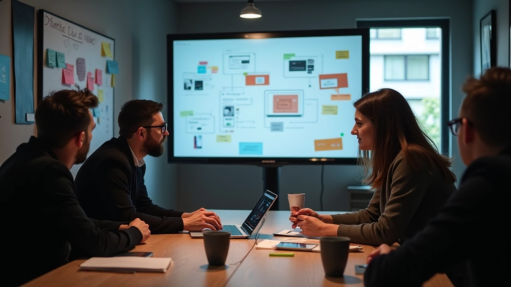 Équipe de conception en réunion collaborative discutant des animations UI