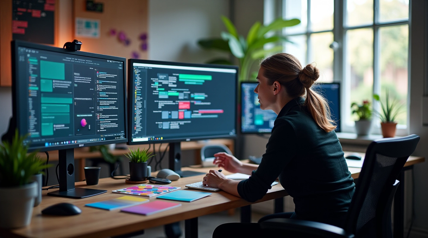 Studio de conception avec interfaces animées sur les écrans