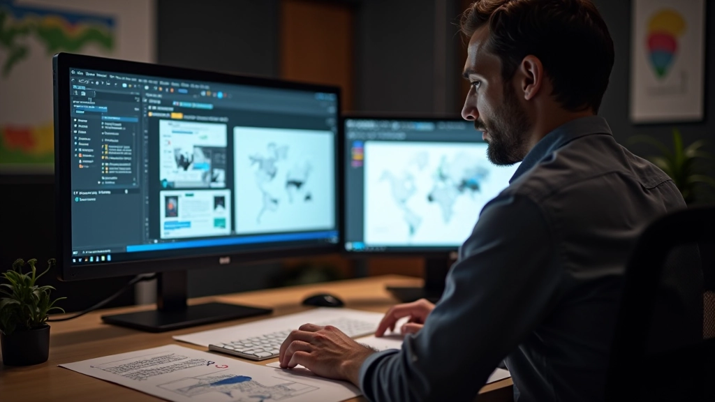 Workspace designer avec multiple écrans montrant outils de prototypage et sketches de wireframes